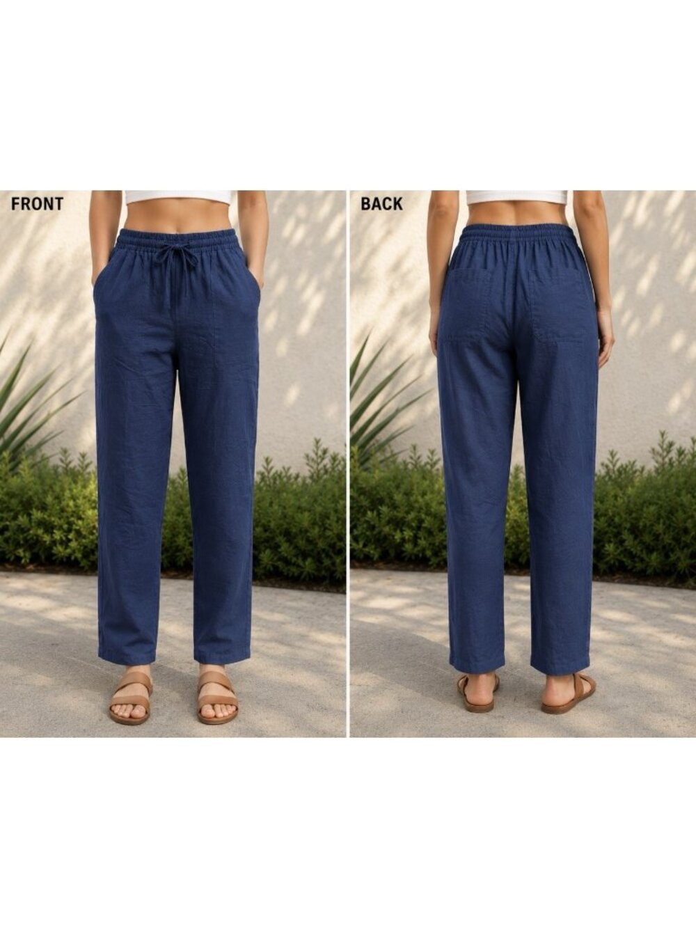 VIKOLINO Pant Women Blue Linen Straight Leg Pull On Elastic Ankle Pants Sz S M